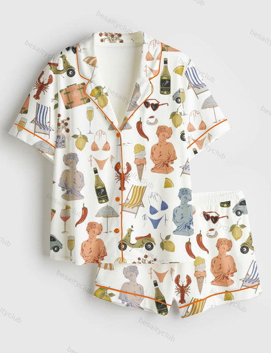 Italy Roma Travel All things Italian Print Short Sleeve Satin Pajama Set