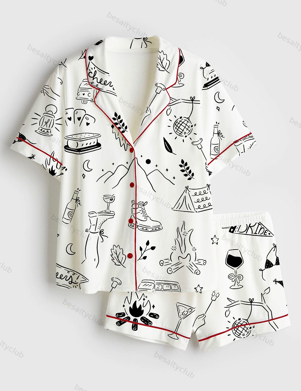 Camp Bachelorette Hand Drawn Mountain Hiking Glamping Girls Trip Print Short Sleeve Satin Pajama Set