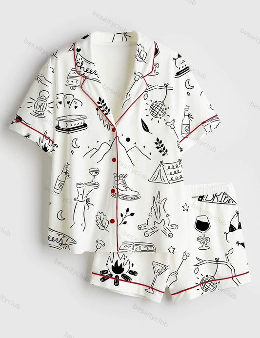 Camp Bachelorette Hand Drawn Mountain Hiking Glamping Girls Trip Print Short Sleeve Satin Pajama Set