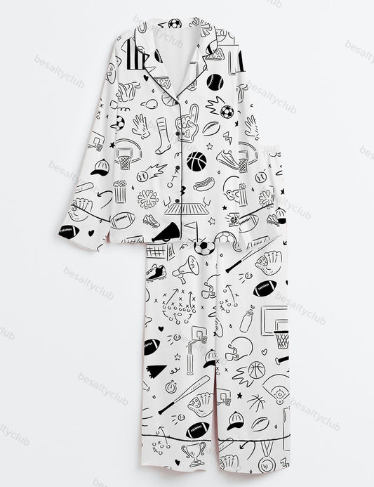 Hand Drawn Sport Football Basketball Baseball Soccer Doodles Long Sleeve Satin Pajama Set