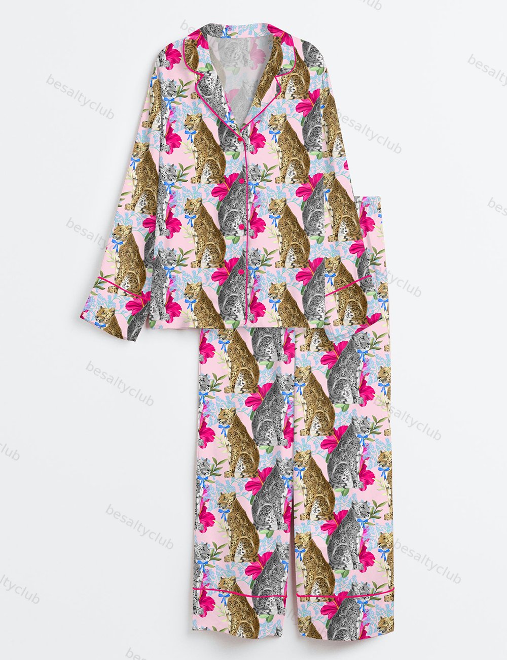 Leopards With Bows Long Sleeve Satin Pajama Set