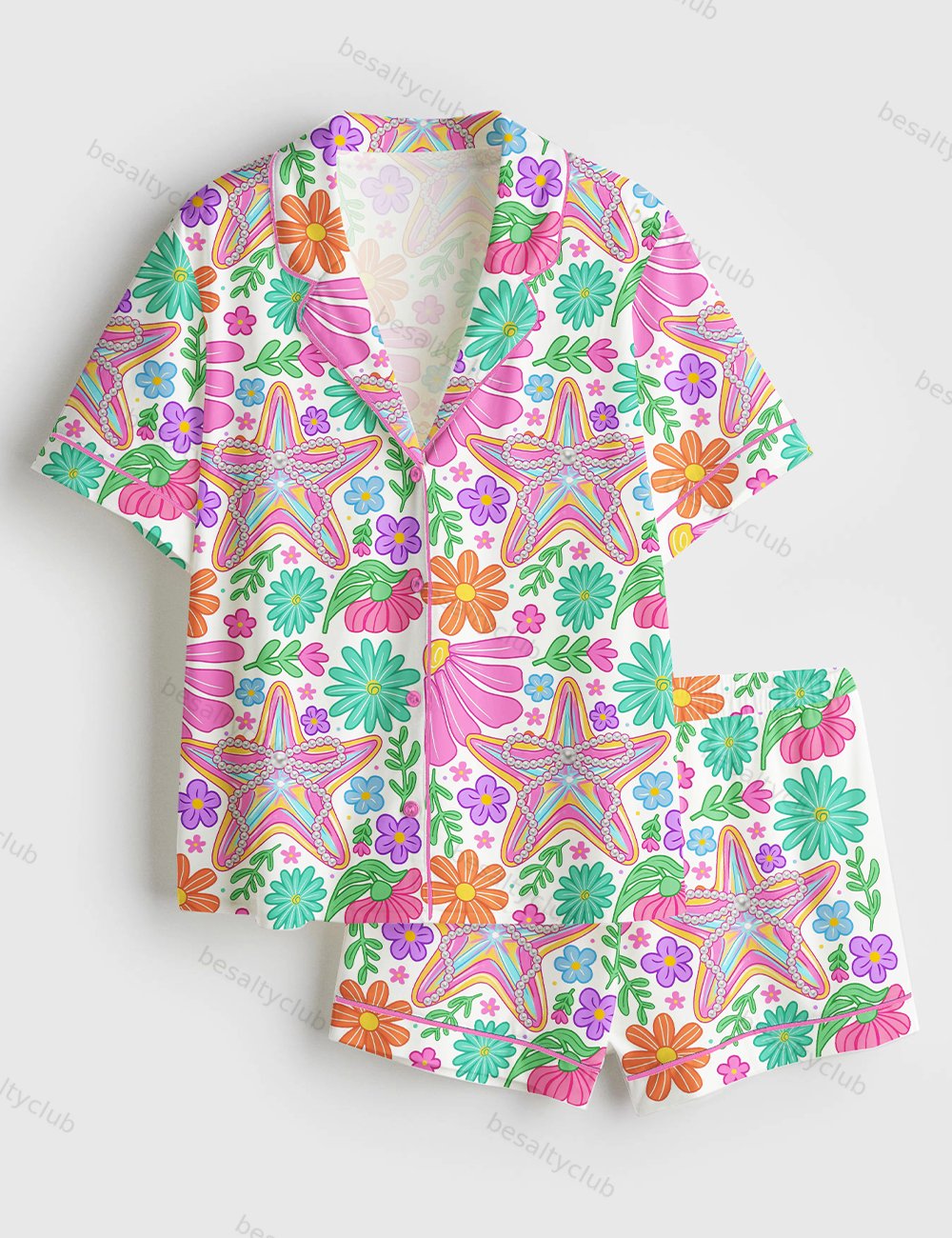 Retro Floral Summer Preppy Starfish Ocean Summer Vibes Girly Summer Beach Print Short Sleeve Satin Pajama Set