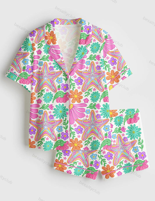 Retro Floral Summer Preppy Starfish Ocean Summer Vibes Girly Summer Beach Print Short Sleeve Satin Pajama Set