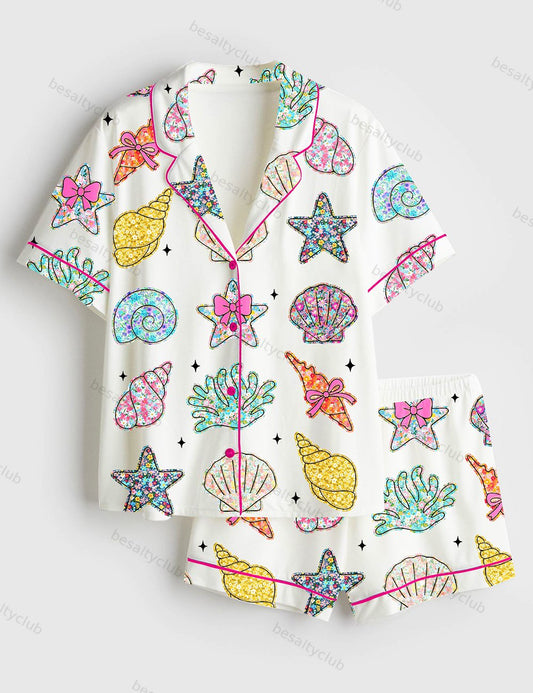 Wildflower Seashell Clam Summer Vibes Floral Summer Print Short Sleeve Satin Pajama Set