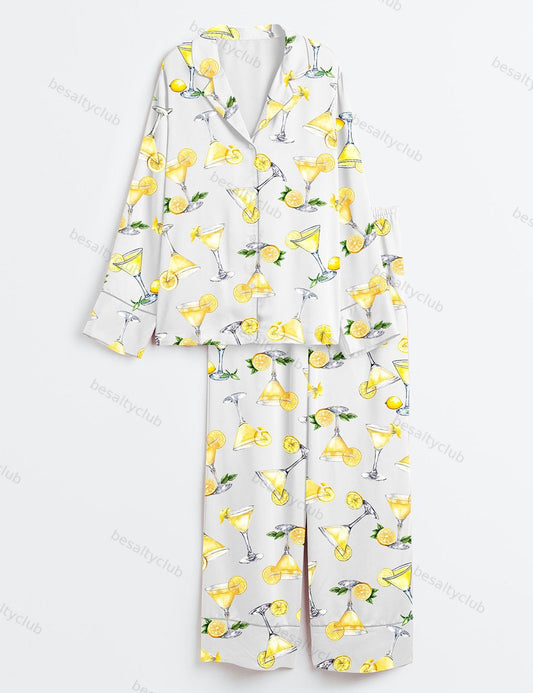 Lemon Drop Martini Watercolor Cocktail Beverage Alcohol Wedding Clipart Margarita Long Sleeve Satin Pajama Set