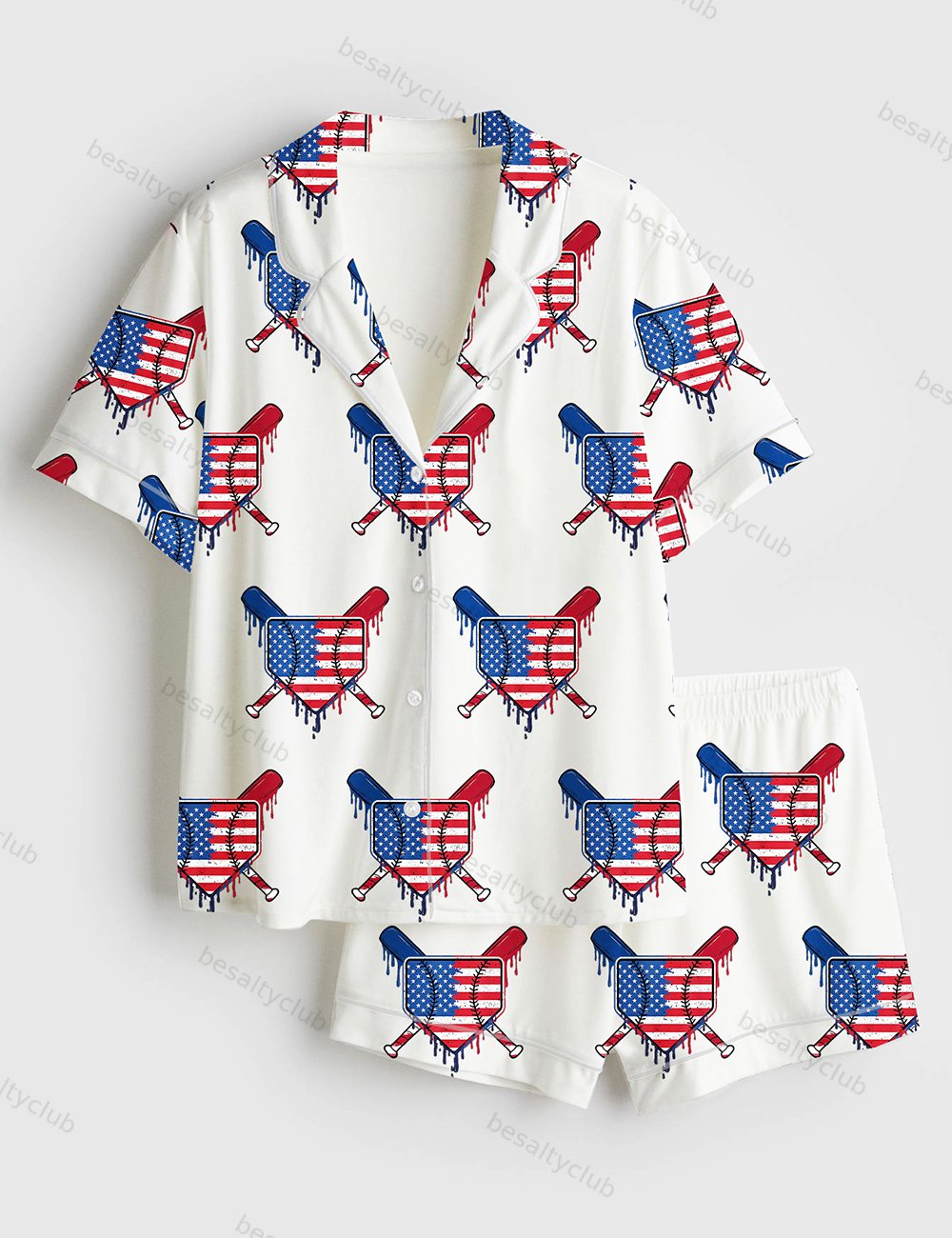Baseball Drip Boys Ice Cream Patriotic American Flag 4th Of July Baseball Print Short Sleeve Satin Pajama Set