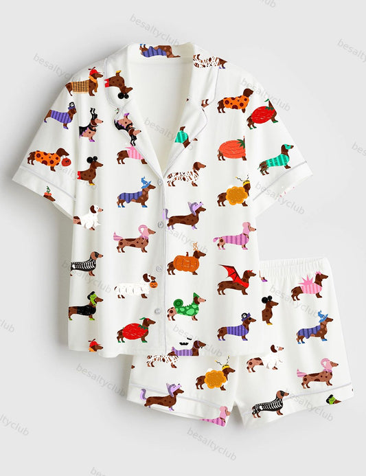 Halloween Dachshund Dog Lover Short Sleeve Satin Pajama Set