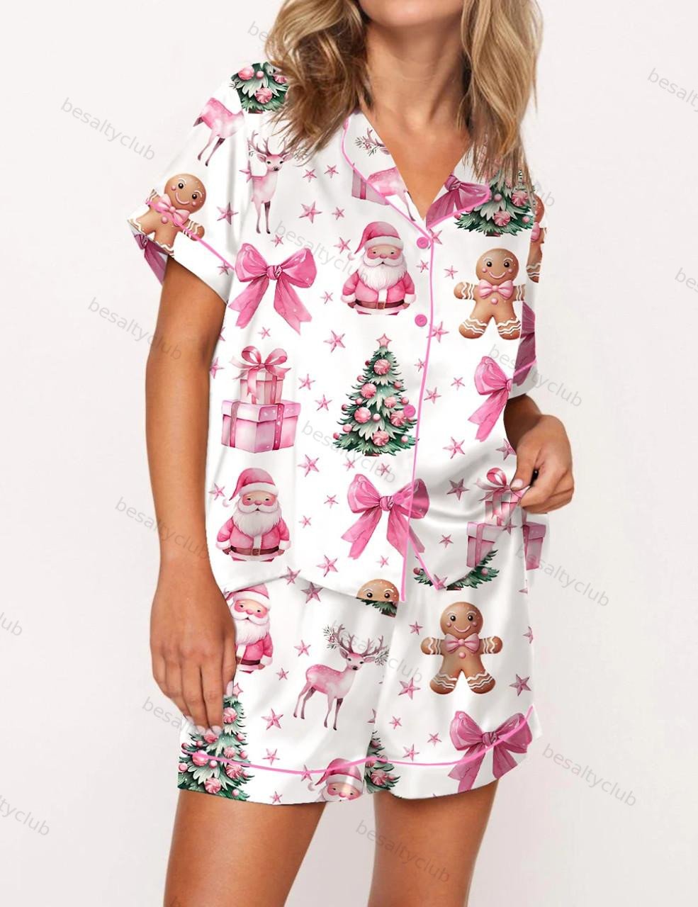 Coquette Pink Christmas Satin Pajama Set