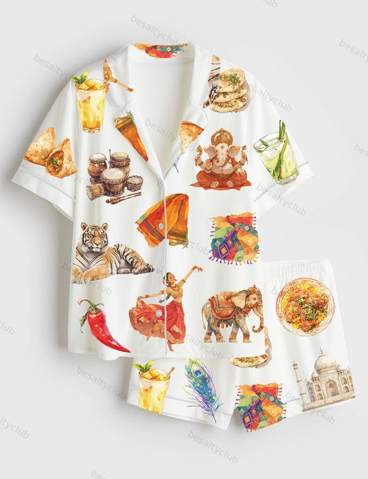 India Country Travel Short Sleeve Satin Pajama Set