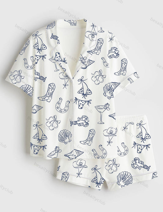 Women's Vintage Coastal Cowgirl Retro Western Seaside Summer Short Sleeve Satin Pajama Set