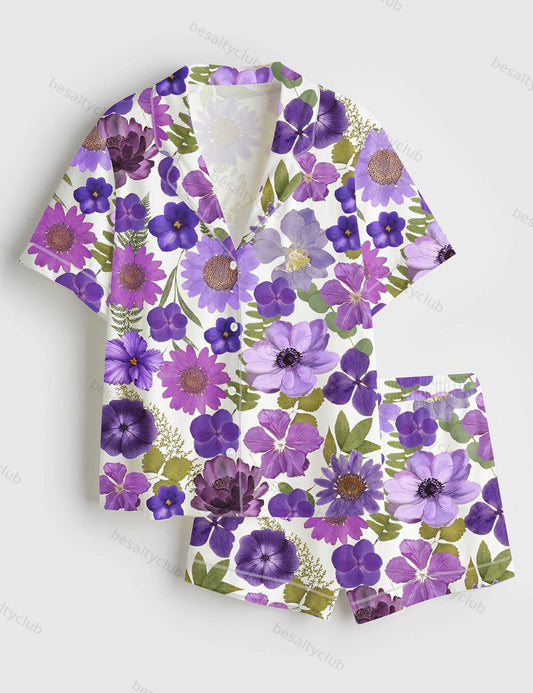 Alzheimers Purple Ribbon Dementia Alzheimers Awareness Floral Purple Alzheimer Short Sleeve Satin Pajama Set