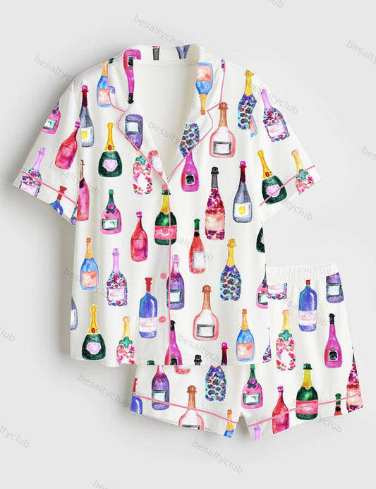 Champagne Bottles Watercolor Hot Pink Short Sleeve Satin Pajama Set