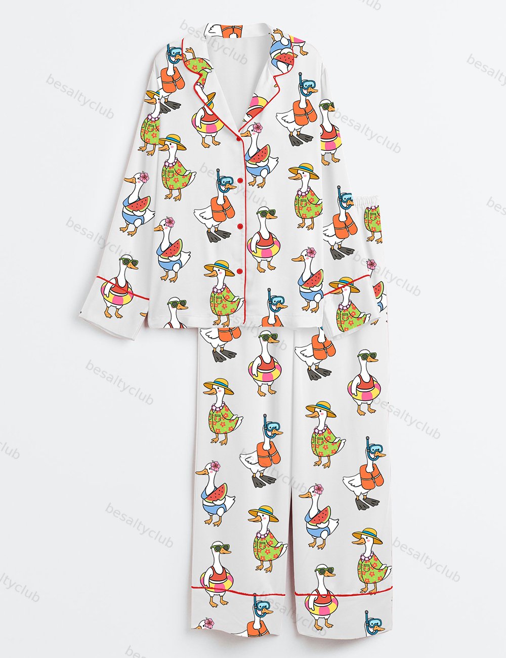 Just A Silly Goose Summer Cute Retro Goose Print Long Sleeve Satin Pajama Set