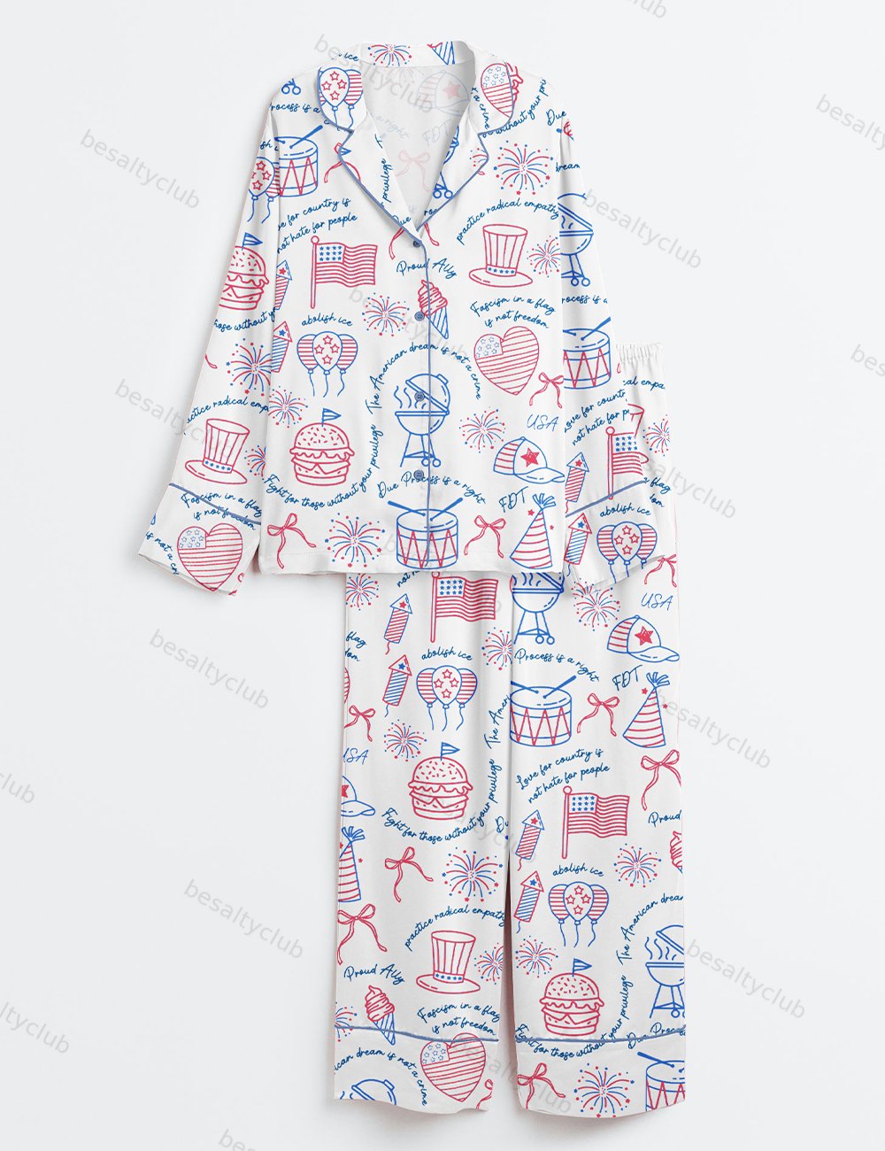 Liberal Fourth Of July Liberal Patriotic Secret Subtle Message American FDT Print Long Sleeve Satin Pajama Set
