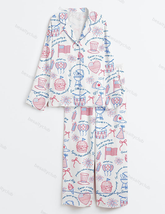 Liberal Fourth Of July Liberal Patriotic Secret Subtle Message American FDT Print Long Sleeve Satin Pajama Set