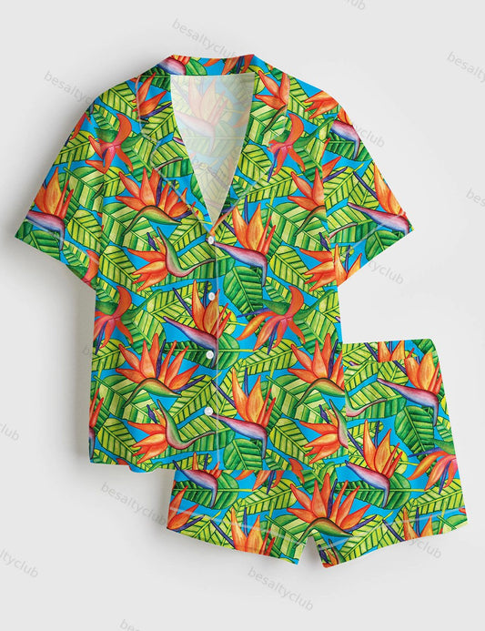 Bird Of Paradise Plant Strelitzia Short Sleeve Satin Pajama Set