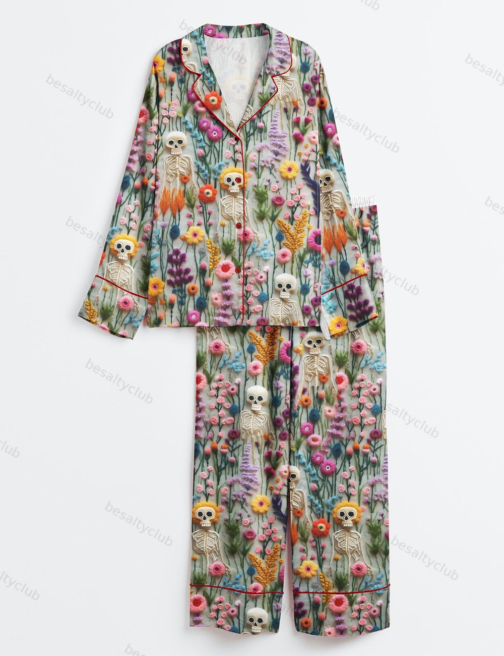 Vintage Skeletons in Bloom Floral Charm Long Sleeve Satin Pajama Set