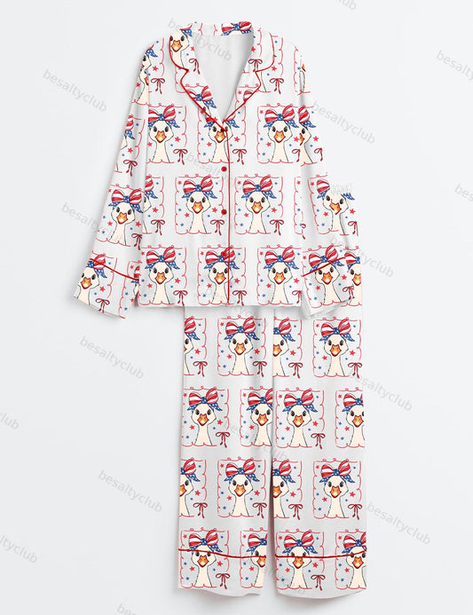 4th Of July Bows Goose America Coquette Print Long Sleeve Satin Pajama Set