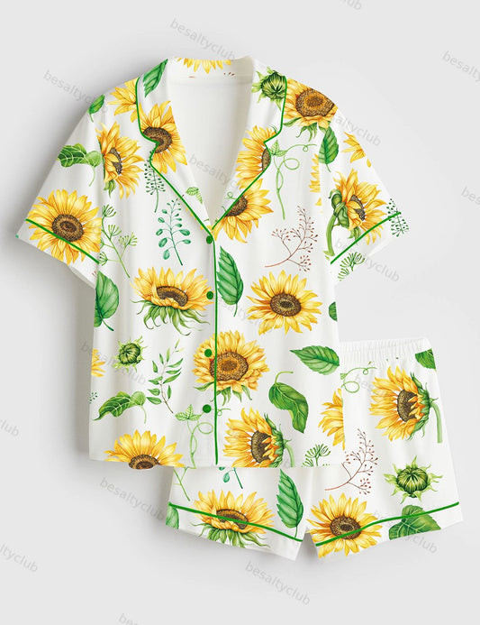 Sunflower Bouquets Short Sleeve Satin Pajama Set
