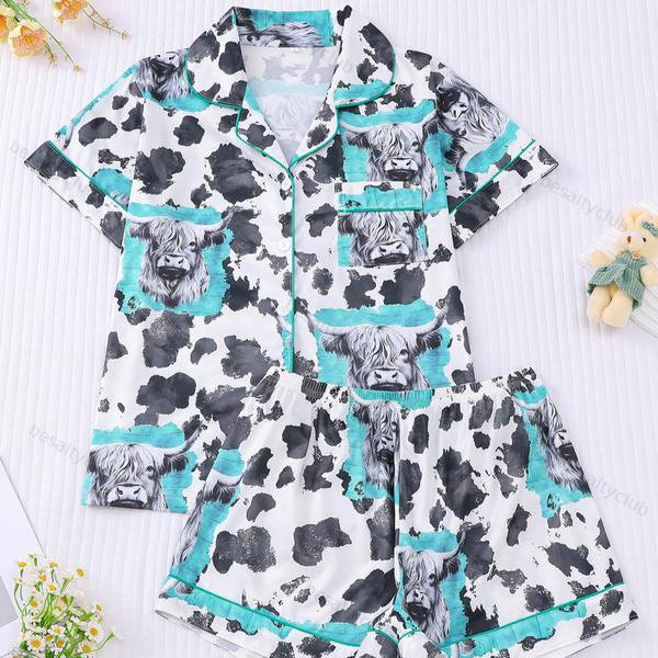 All Over Cow Print Satin Pajama Set