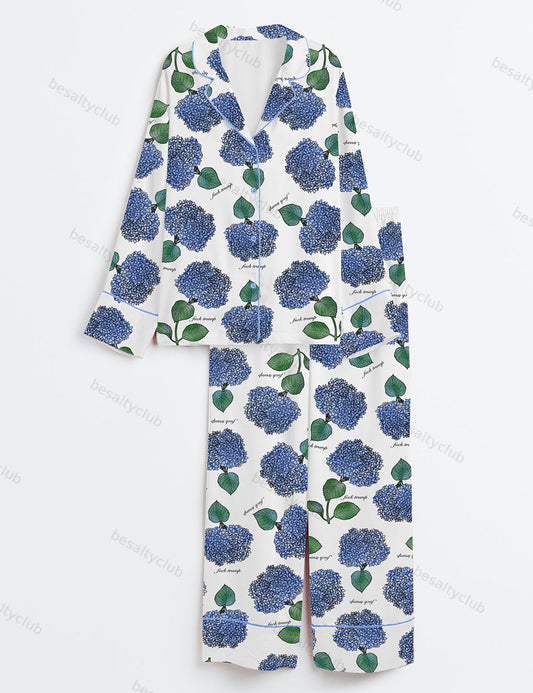 Hydrangea Floral Blue Flower Political Gag Gift Long Sleeve Satin Pajama Set