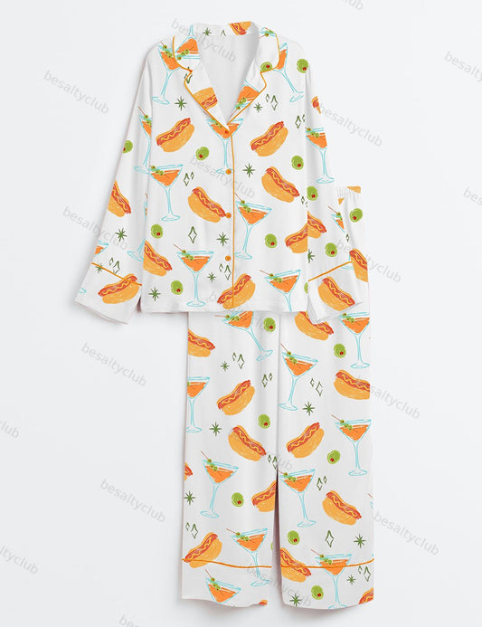Weenies And Tinis Bachelorette Party Martini Social Club Print Long Sleeve Satin Pajama Set