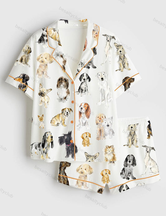 Dog Lovers Print Short Sleeve Satin Pajama Set