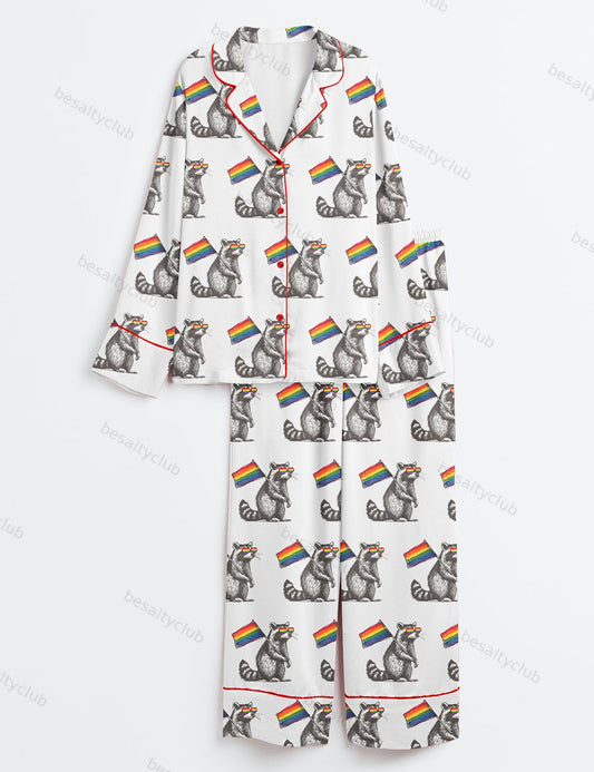 Raccoon Pride LGBT Support Racoon Pride Flag Print Long Sleeve Satin Pajama Set