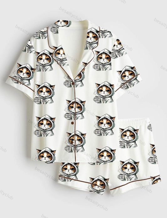 Nope Not Today Cute Cat Funny Cats Lover Print Short Sleeve Satin Pajama Set