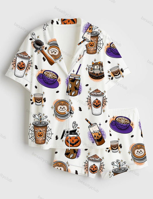 Halloween Coffee Short Sleeve Satin Pajama Set