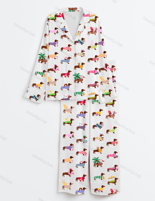 Summer Dachshund Winner Dog Long Sleeve Satin Pajama Set
