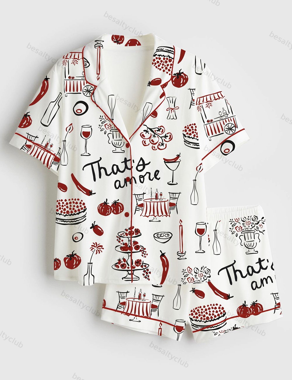 Hand Drawn Whimsical Illustrations Of Italian Food Italian Wedding Print Short Sleeve Satin Pajama Set