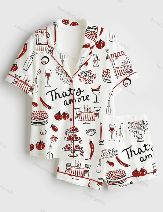 Hand Drawn Whimsical Illustrations Of Italian Food Italian Wedding Print Short Sleeve Satin Pajama Set