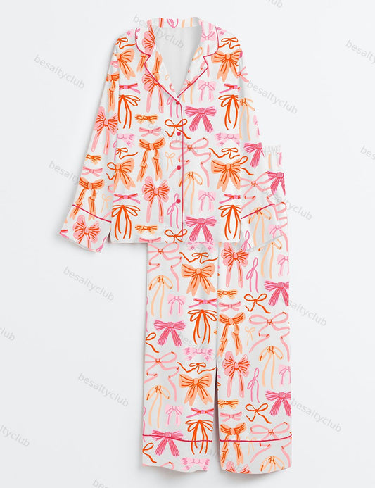 Lace And Ribbons Coquette Bow Long Sleeve Satin Pajama Set