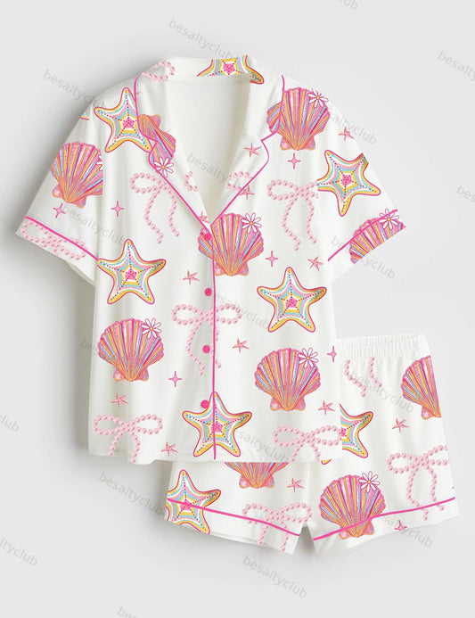 Summer Clam Coquette Bow Summer Vibes Pink Clam Summer Beach Short Sleeve Satin Pajama Set