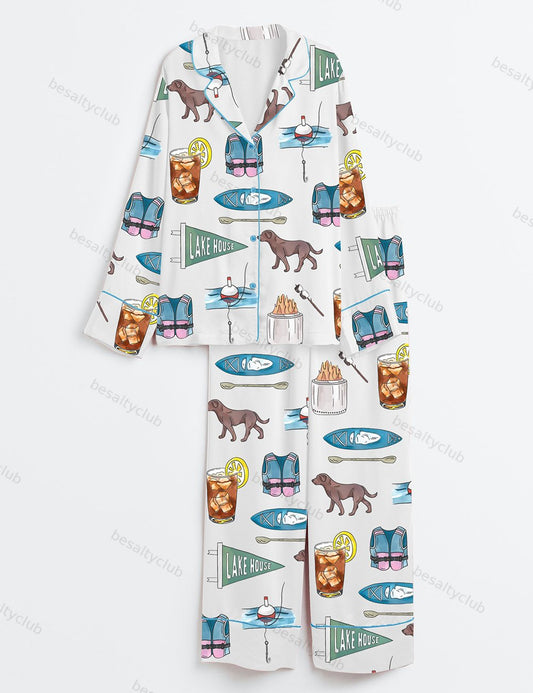 Lake House Icons Long Sleeve Satin Pajama Set