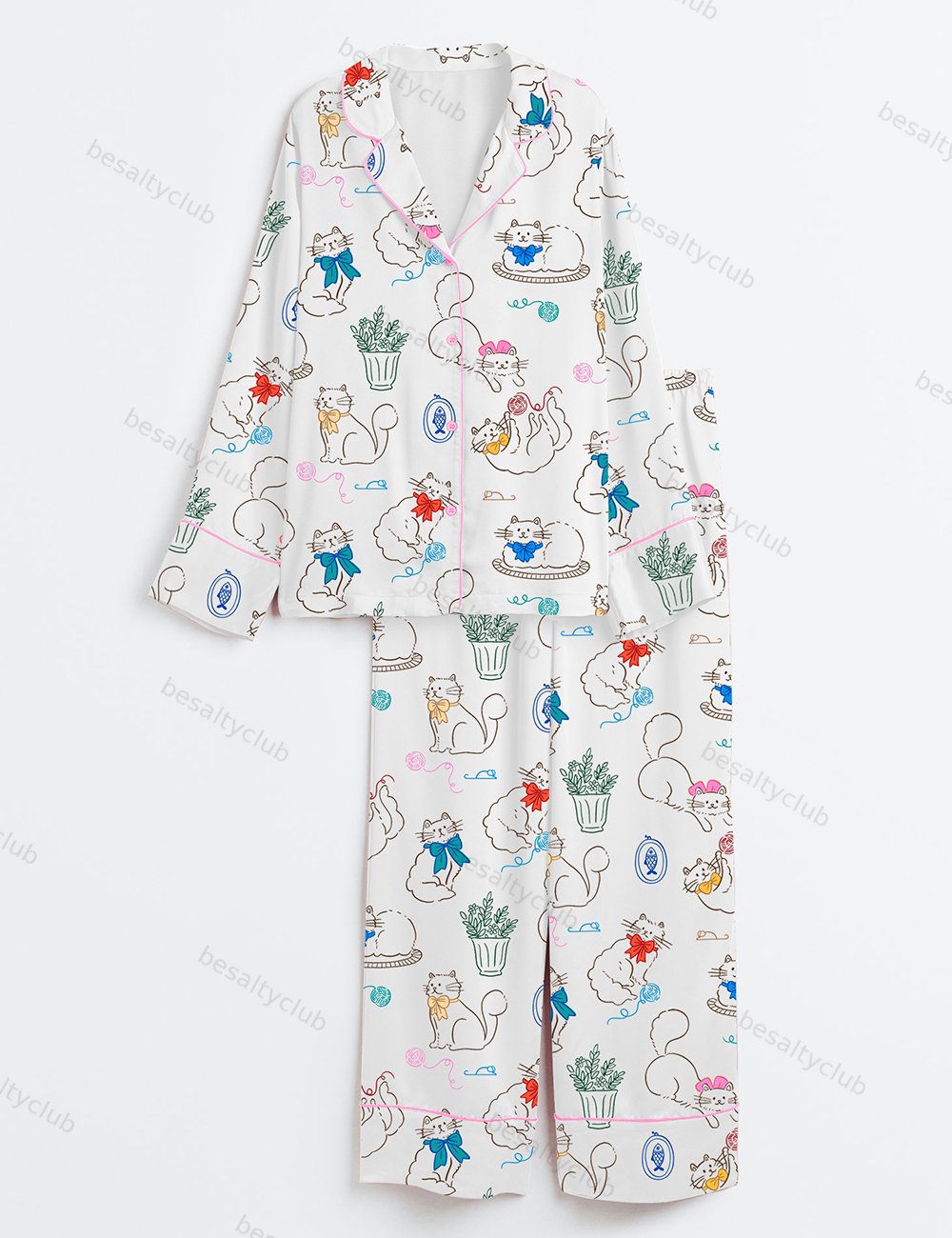 Cat With A Bow Playing With Balls Of Yarn And Potted Plant Long Sleeve Satin Pajama Set