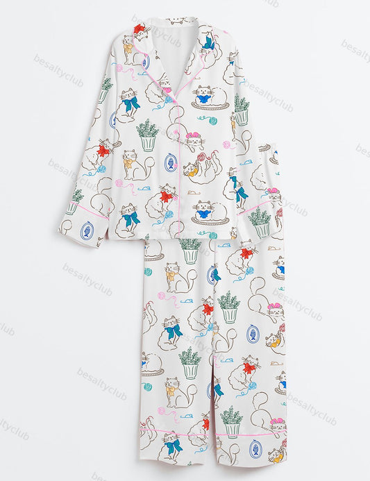 Cat With A Bow Playing With Balls Of Yarn And Potted Plant Long Sleeve Satin Pajama Set