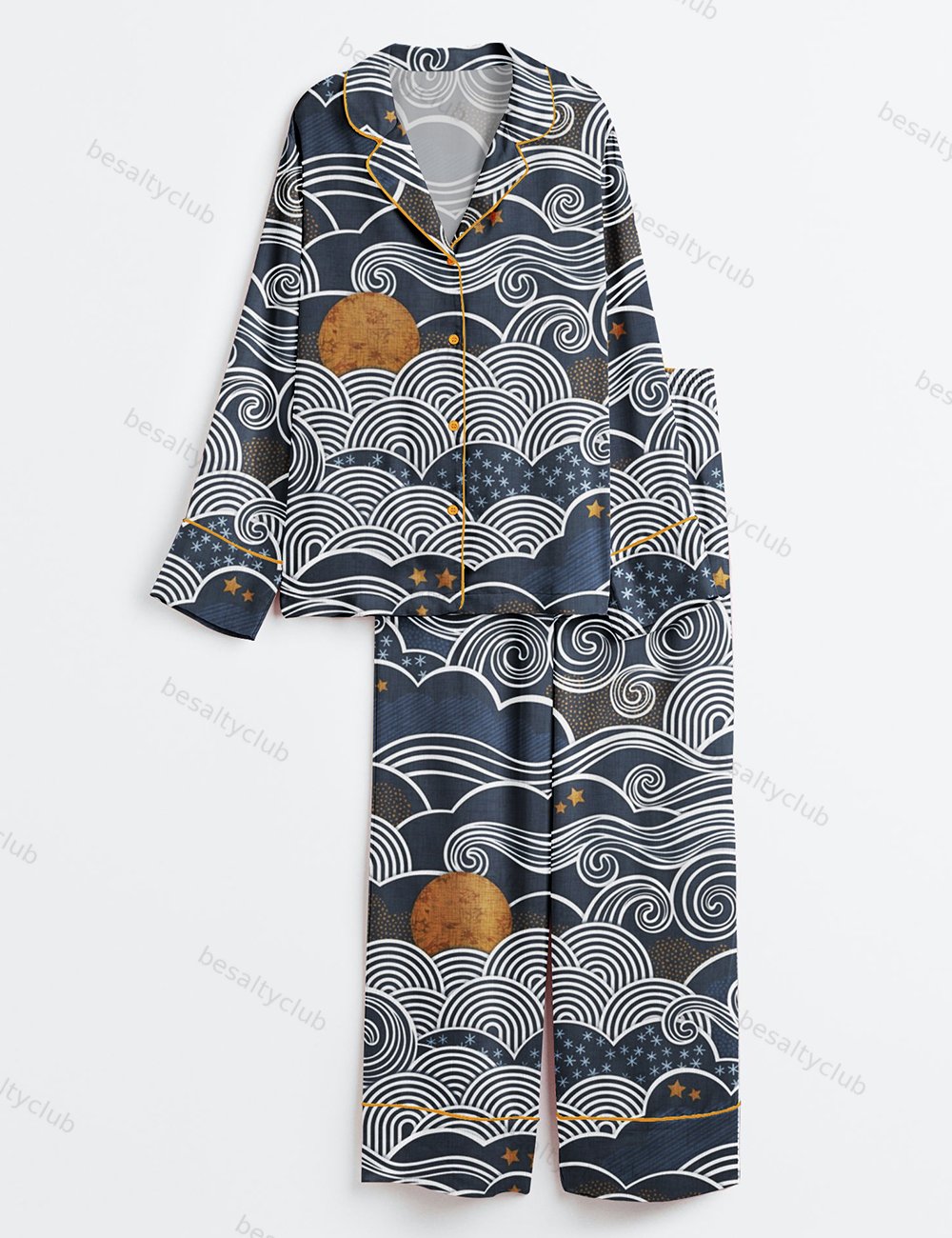 Cozy Night Sky Navy Blue Full Moon and Stars Over the Clouds Moody Sky Long Sleeve Satin Pajama Set