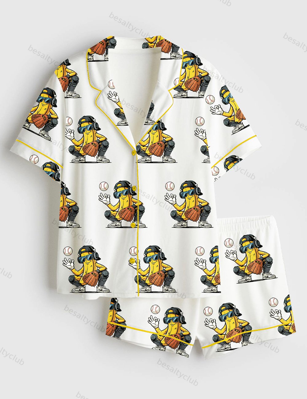 Cool Banana Baseball Funny Catcher Fruit Hip Hop Banana Print Short Sleeve Satin Pajama Set