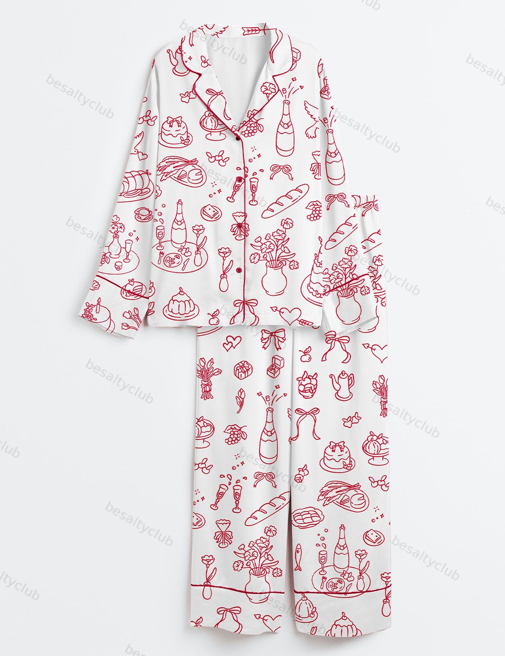 Hand Drawn Wedding Long Sleeve Satin Pajama Set