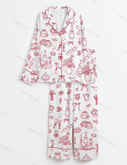 Hand Drawn Wedding Long Sleeve Satin Pajama Set