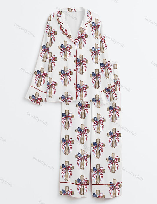 Patriotic Cross Christian 4th Of July Long Sleeve Satin Pajama Set