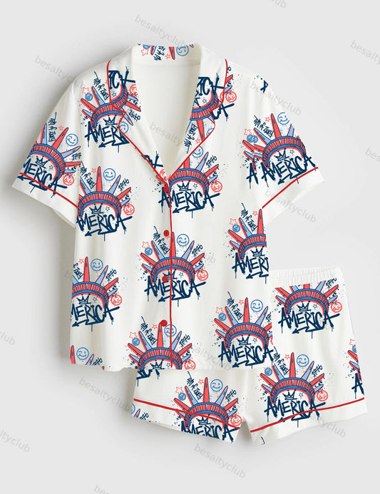 4th Of July Statue Of Liberty Graffiti America Short Sleeve Satin Pajama Set