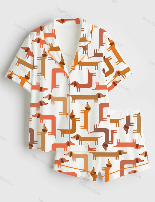Cute Dachshund Short Sleeve Satin Pajama Set