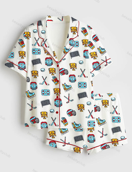 Hockey Mom Watercolor Ice Hockey Short Sleeve Satin Pajama Set