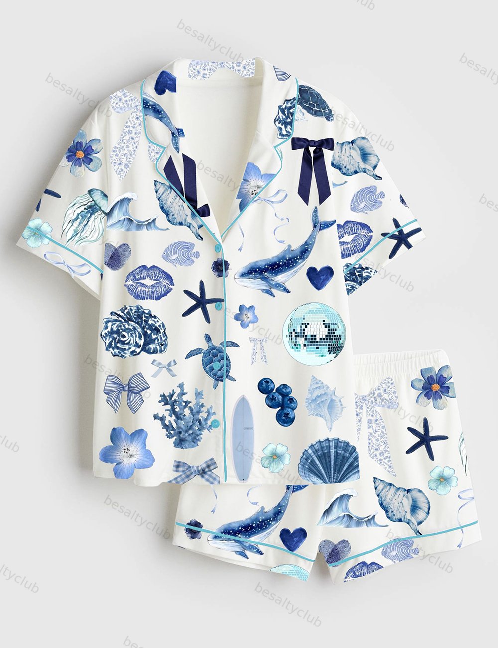 Coquette Seashell Coastal Summer Vibes Turtle Shark Shell Sea World Short Sleeve Satin Pajama Set