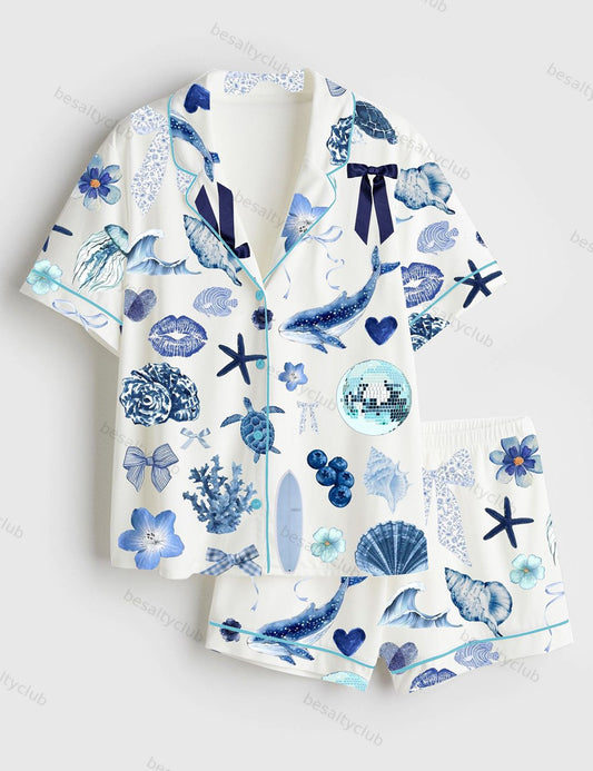 Coquette Seashell Coastal Summer Vibes Turtle Shark Shell Sea World Short Sleeve Satin Pajama Set