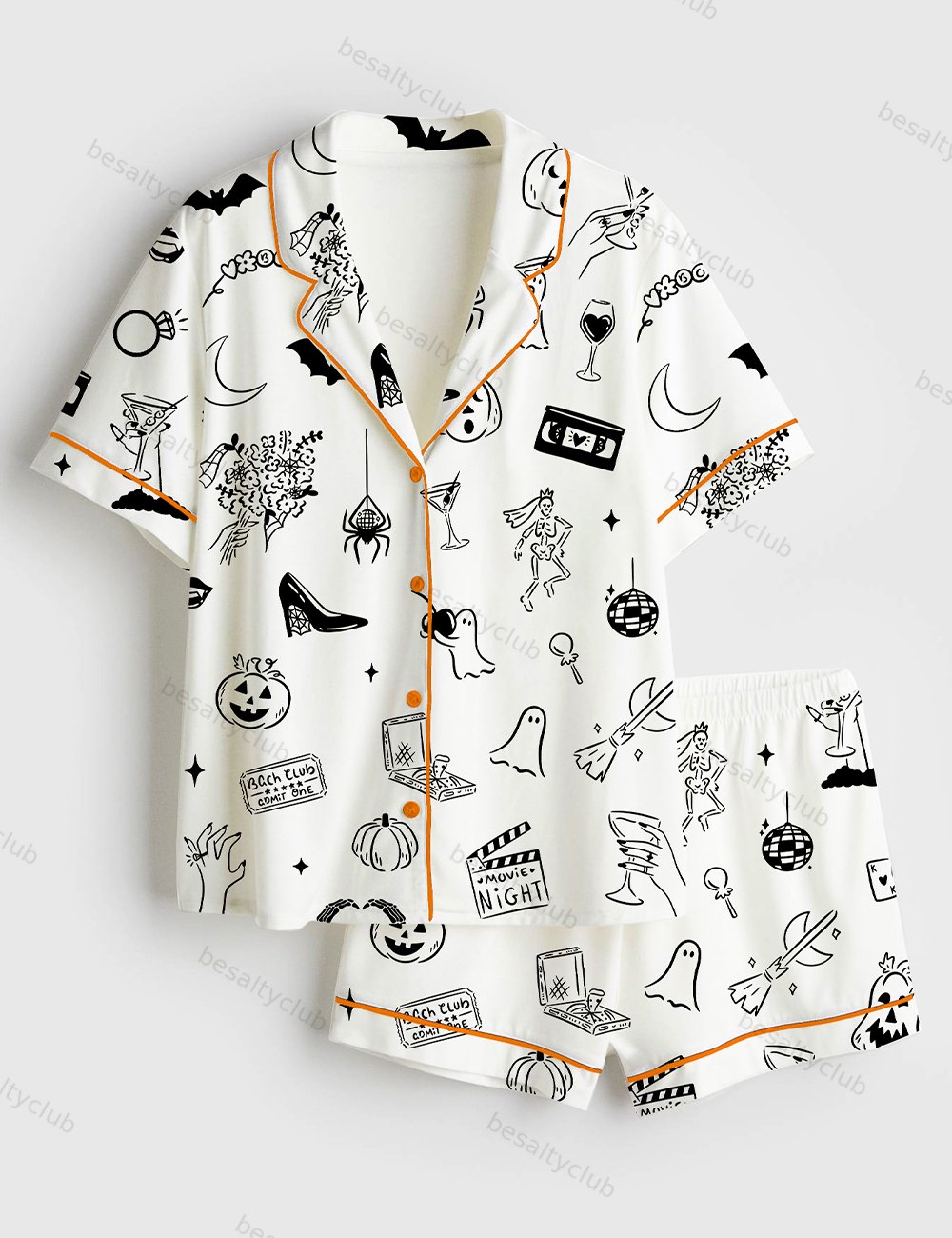 Hand Drawn Halloween Bachelorette Whimsical Doodles Spooky Clipart for Halloween Movie Night & Witchy Bachelorette Party Invite Short Sleeve Satin Pajama Set