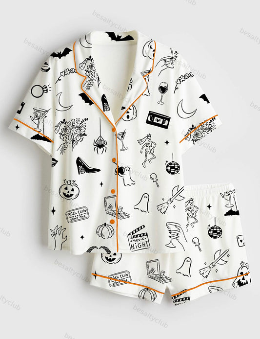 Hand Drawn Halloween Bachelorette Whimsical Doodles Spooky Clipart for Halloween Movie Night & Witchy Bachelorette Party Invite Short Sleeve Satin Pajama Set